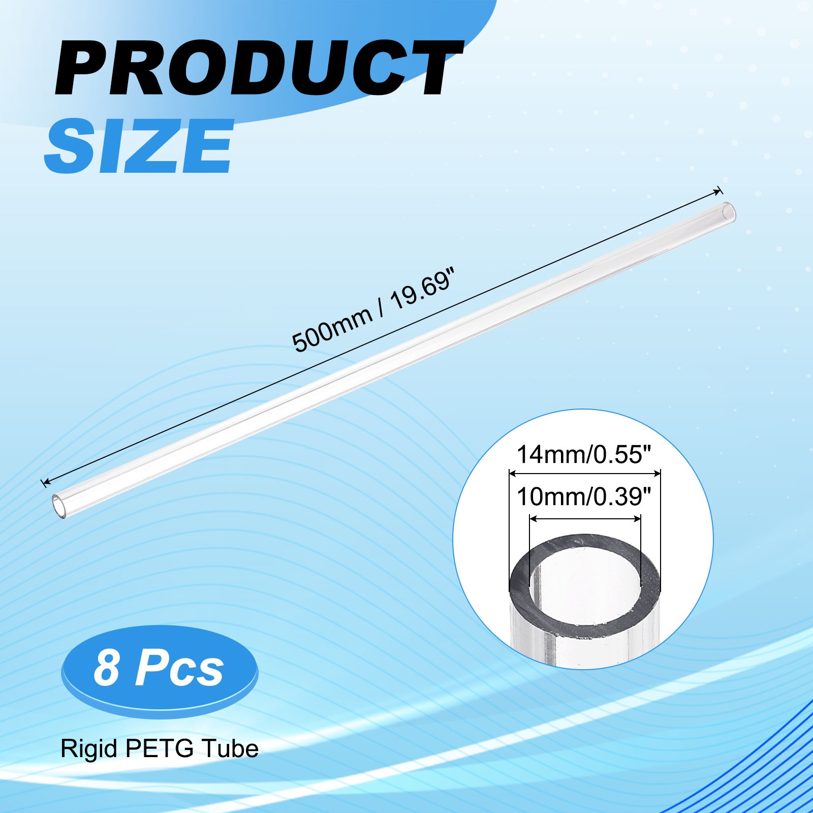 10mmID 14mmOD 500mm Length Rigid PETG Tube, 8PCS Water Cooling Tube, Transparent