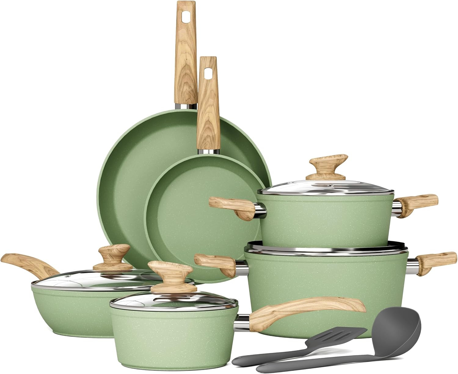 Green Induction Pots and Pans Set, 12 Piece Cooking Pot and Pan Set Nonstick, Gr