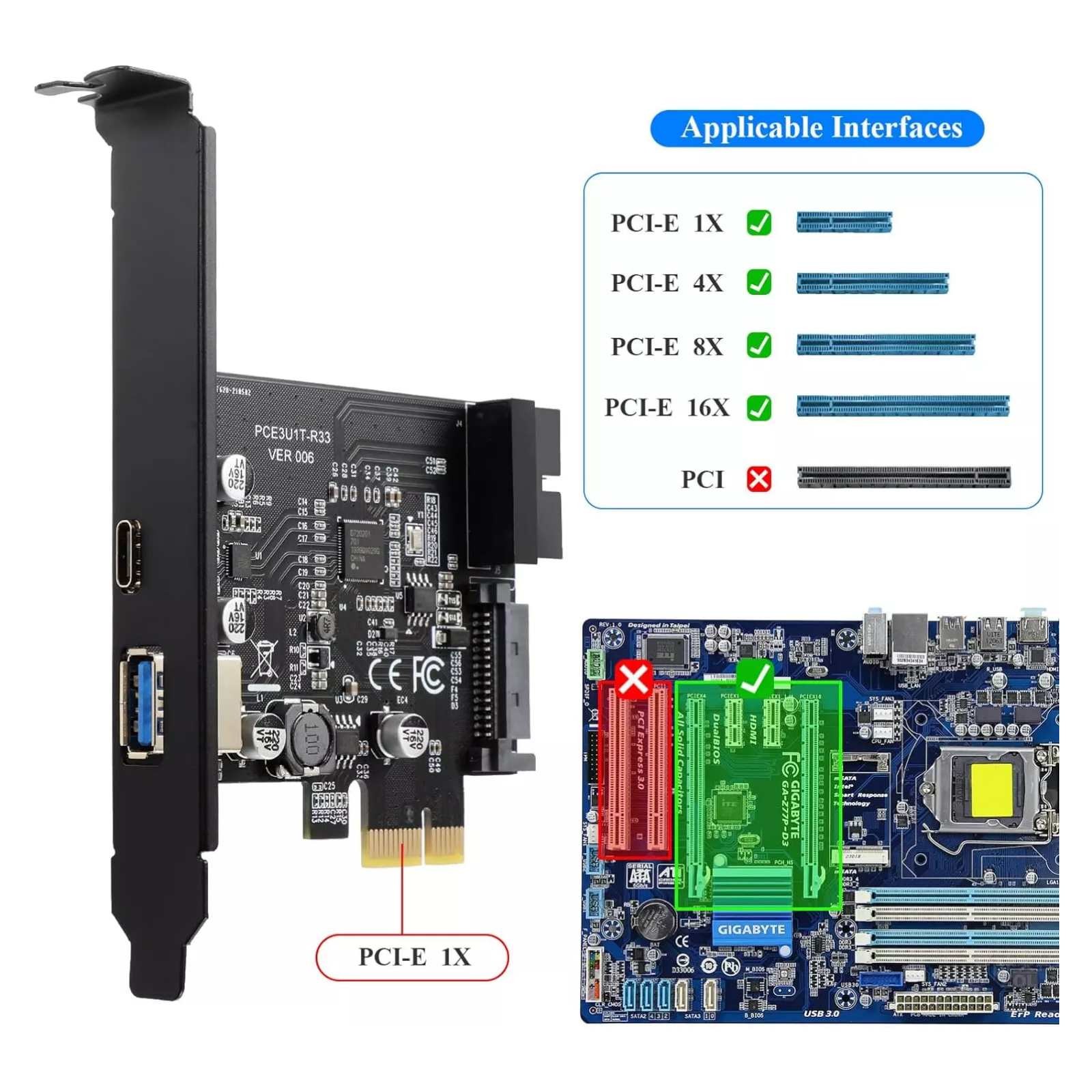 PCI-E 1X to USB 3.2 Gen1 5Gbps 2 Ports(Type C+ Type A) Expansion Card With 19PIN