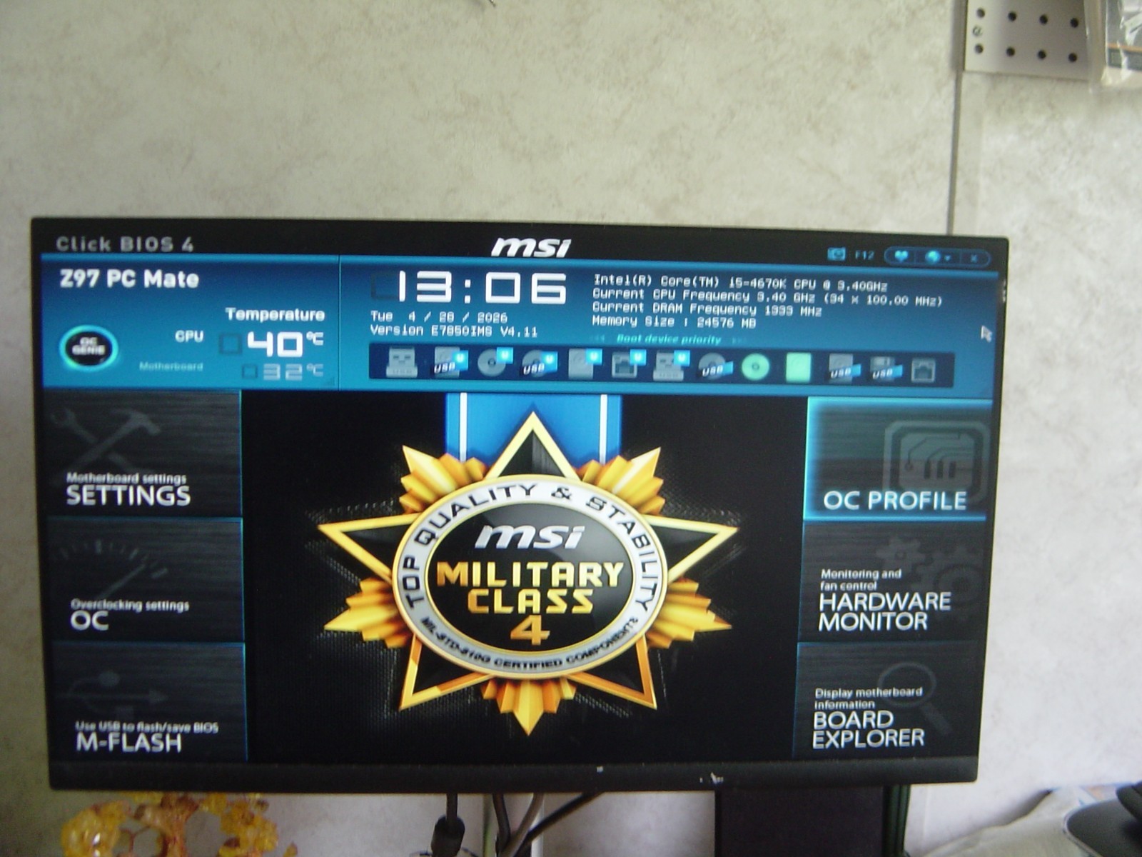 MSI Z97 Intel motherboard with an Intel 4670K processor