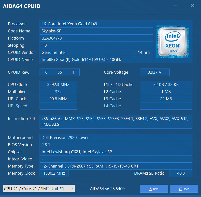 Intel Xeon Gold 6149 OEM CPU LGA-3647 3.1GHz 16-Core 205W SR3G2 cf. 6154 6246R