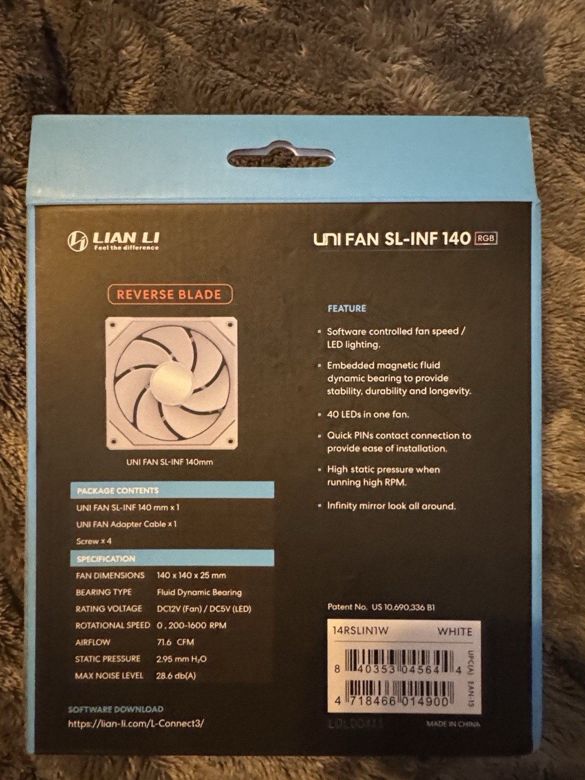 Lian Li UNI FAN SL-INF 140mm RGB Reverse Blade White Case Fan 4-Pin 1600RPM