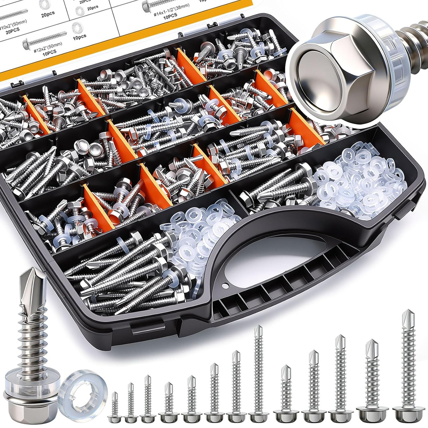 840Pcs #14#12#10#8 Self Tapping Screws for Metal,410 Stainless Steel Screws Asso