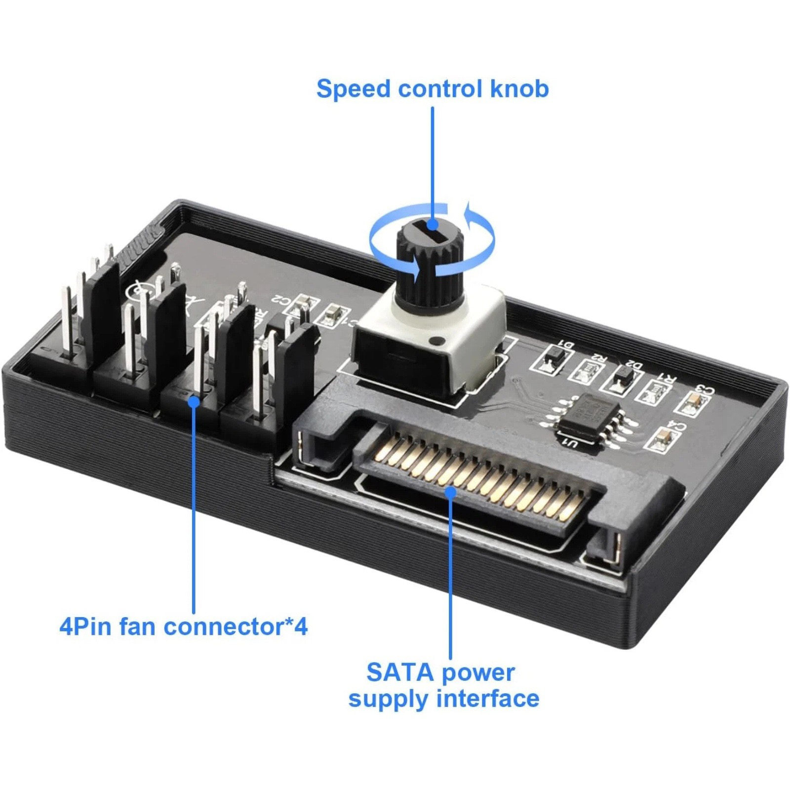 PC System Fan Controller Hub 4 Port PWM SATA Powered 12V 60W Adjustable Cooling