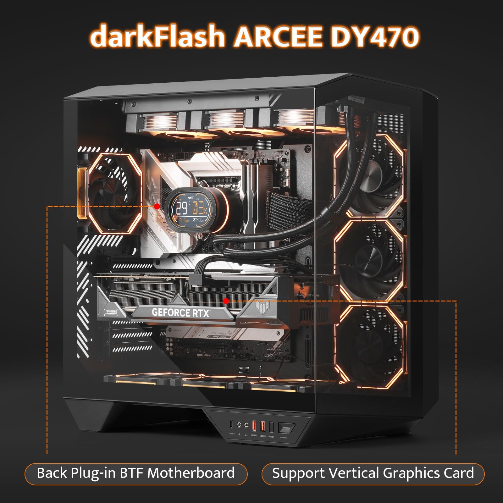 darkFlash Full-Tower ATX Gaming PC Case, Back Plug-i
