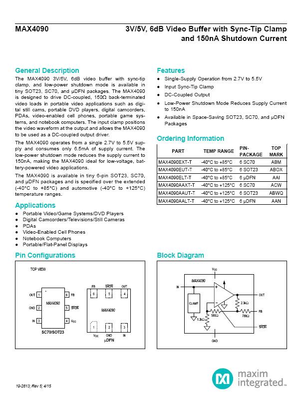 MAX4090 EUT IC Wideband Amplifier SOT23-6 Package, 5 pieces.