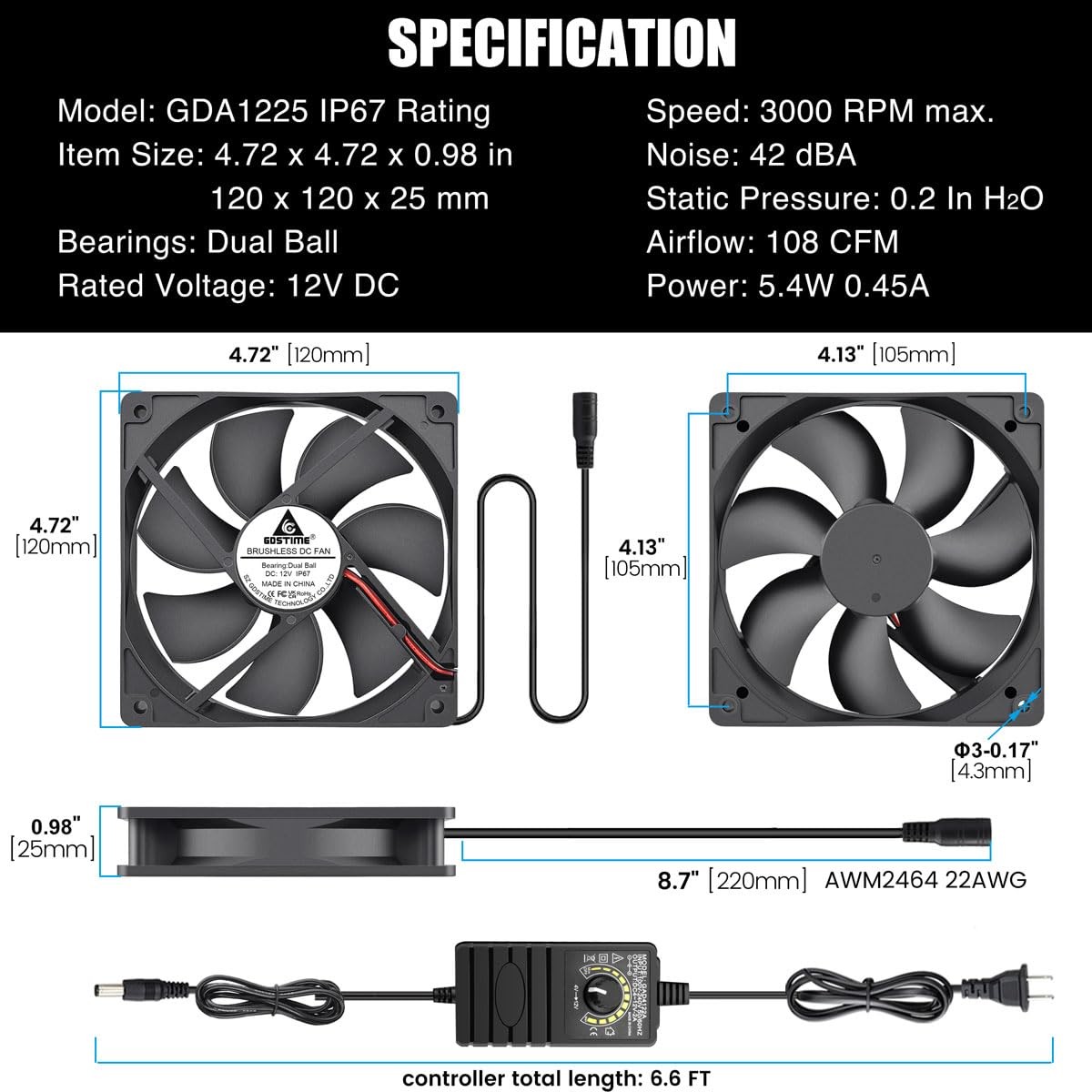 120mm Waterproof Fan with Speed Controller, IP67 12V Computer Fan with AC Plu…