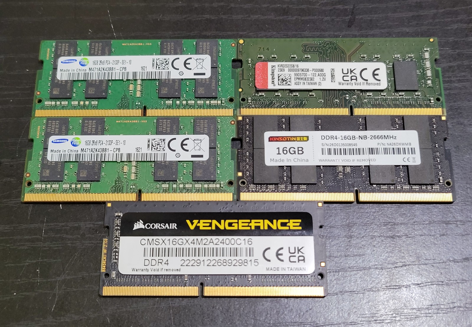 Lot of 5x Mixed Brands/Speeds 16GB DDR4 SODIMM Laptop RAM Modules