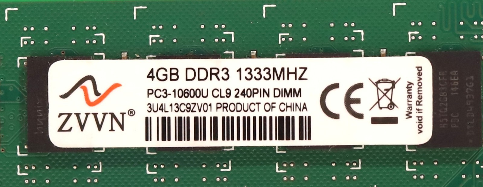 ZVVN 4GB 2Rx8 PC3-10600U DDR3-1333MHz Memory P/N: 3U4L13C9ZV01 Tested Working
