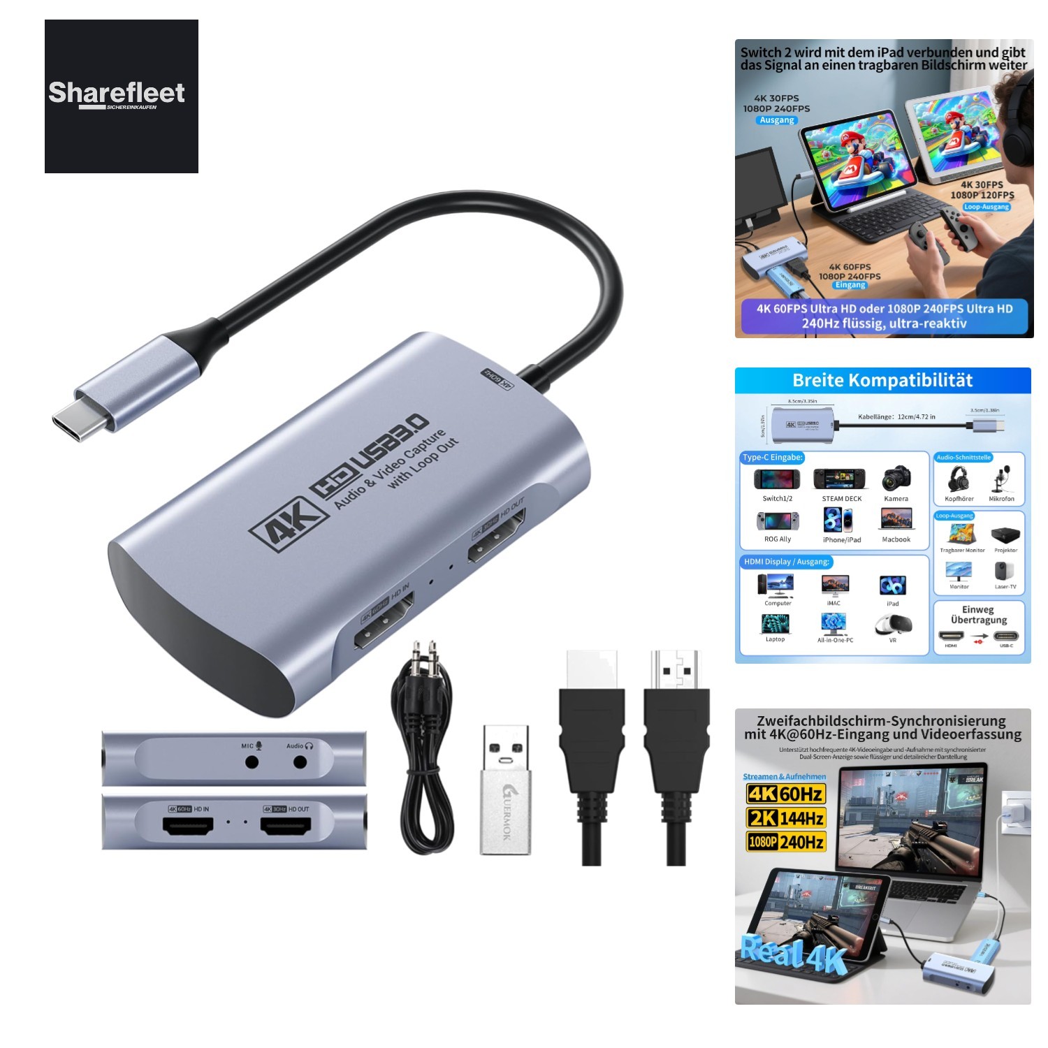 4K 60FPS & 1080P 240FPS HDMI Capture Card for Streaming, USB 3.0 to USB-C/…