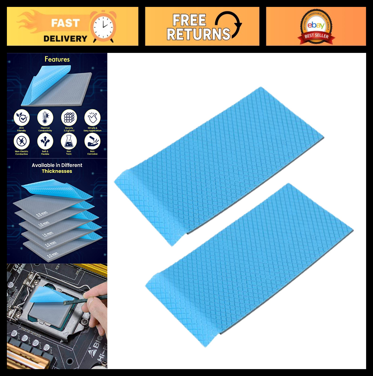 15W Thermal Pad 90x50x2mm (2pcs) – High Heat Conduction, Easy Install, Gap Fille