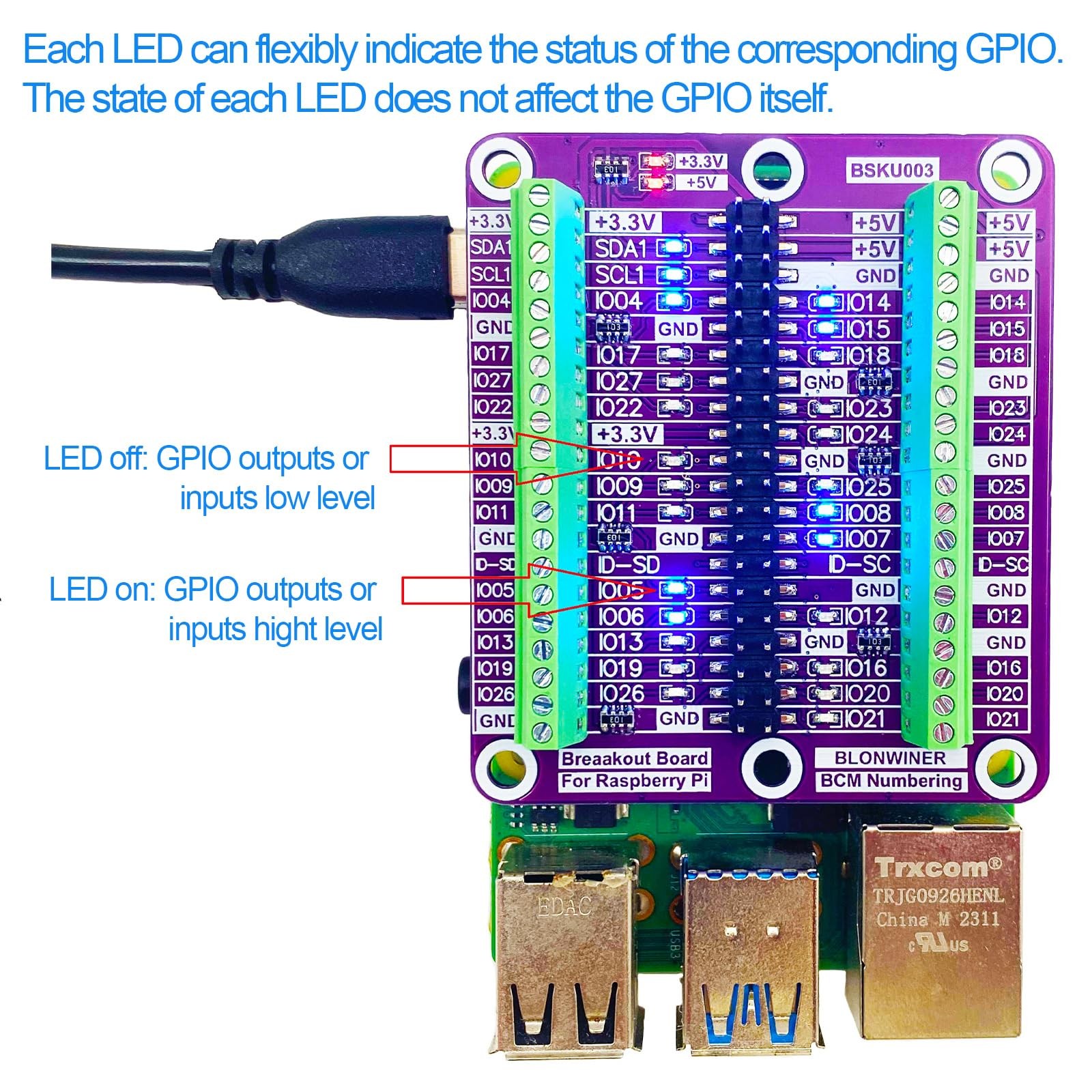 Breakout Board for Raspberry Pi 5 4B 3B+ Terminal Block Shield HAT LED