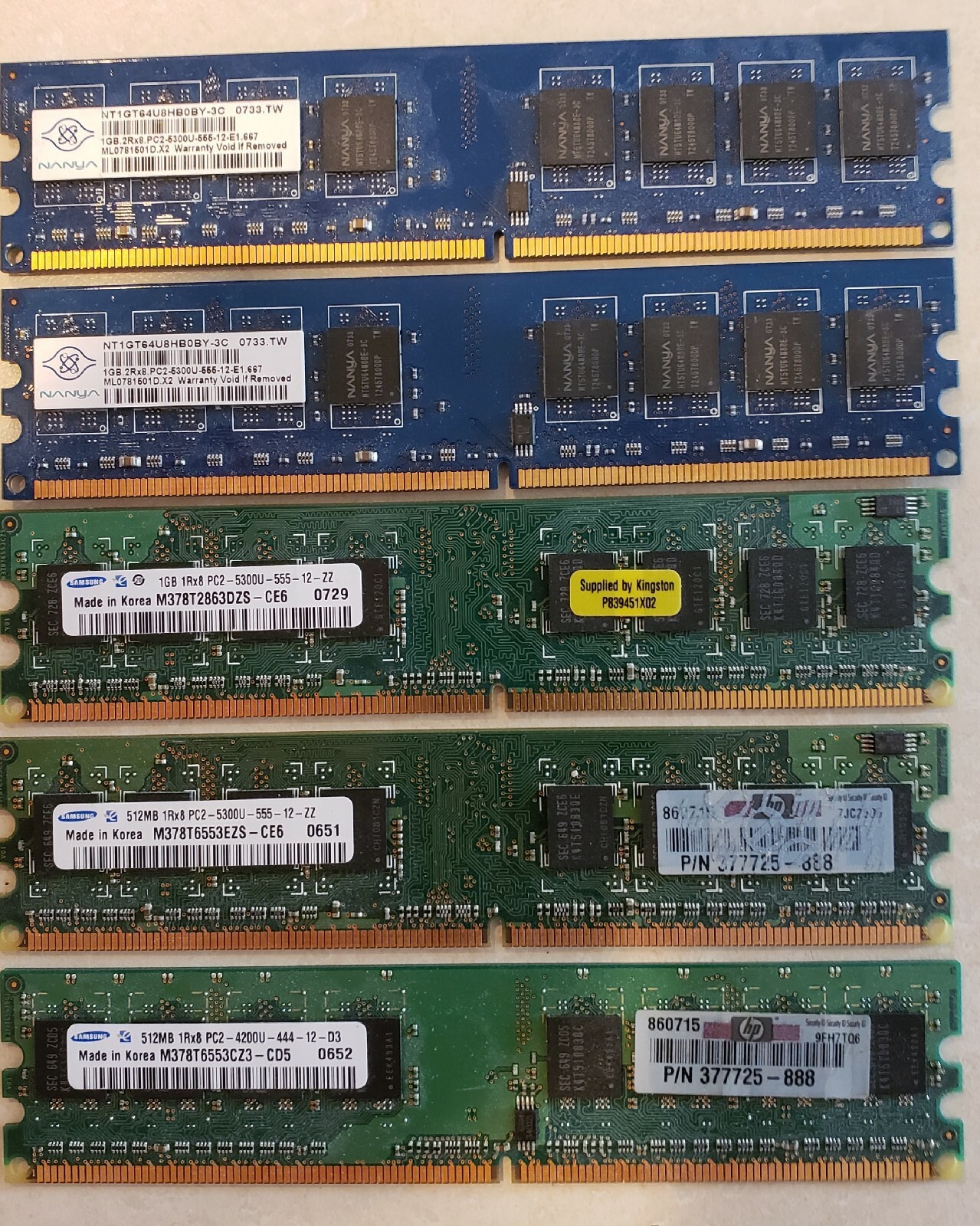 Five PC 2 Memory Sticks 5 Total 2 6300 2gigs , 1.5 Gig Of 5300 ,512mb Of 4200 .