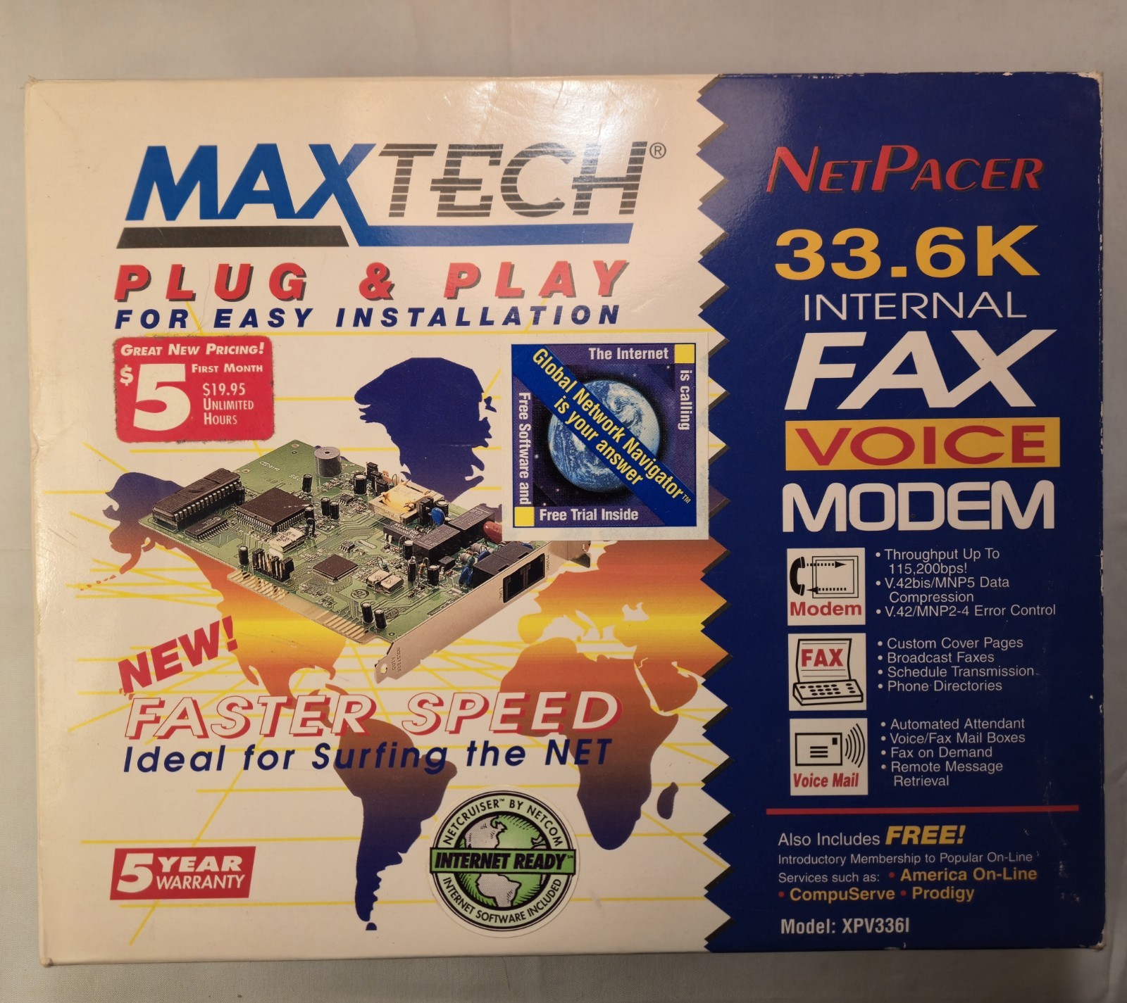 NOS MaxTech XPV336I Net Pacer 33.6Kbps Internal Fax Modem – Open Box –