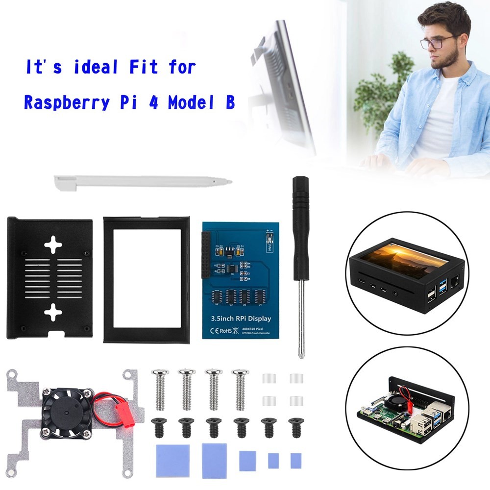 3.5 In Display Aluminum Alloy Case + LCD Screen Fit for Raspberry Pi 4 Model B #