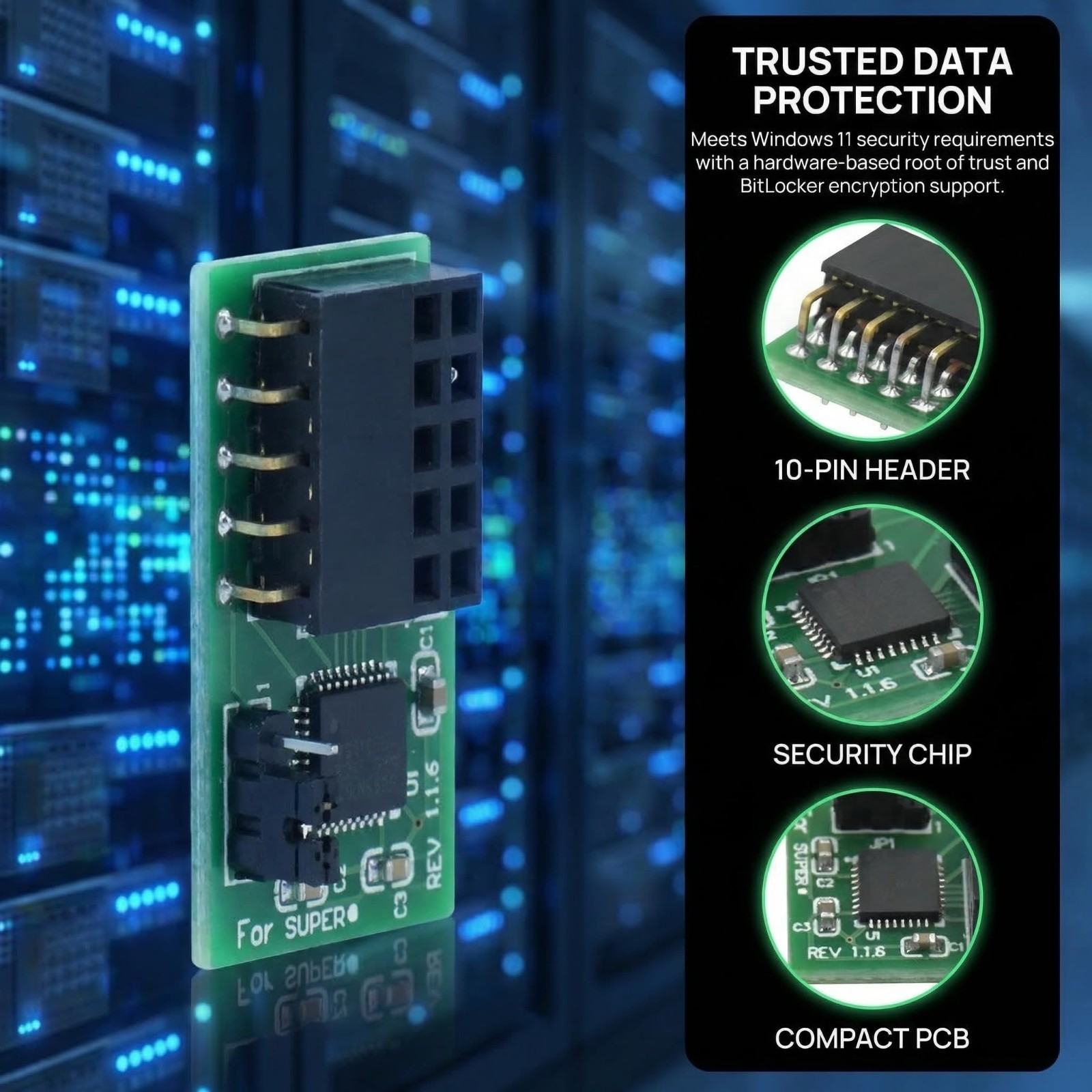 TPM 2.0 Module, 10-Pin SPI Interface, Vertical Connector for Windows 11, Secure
