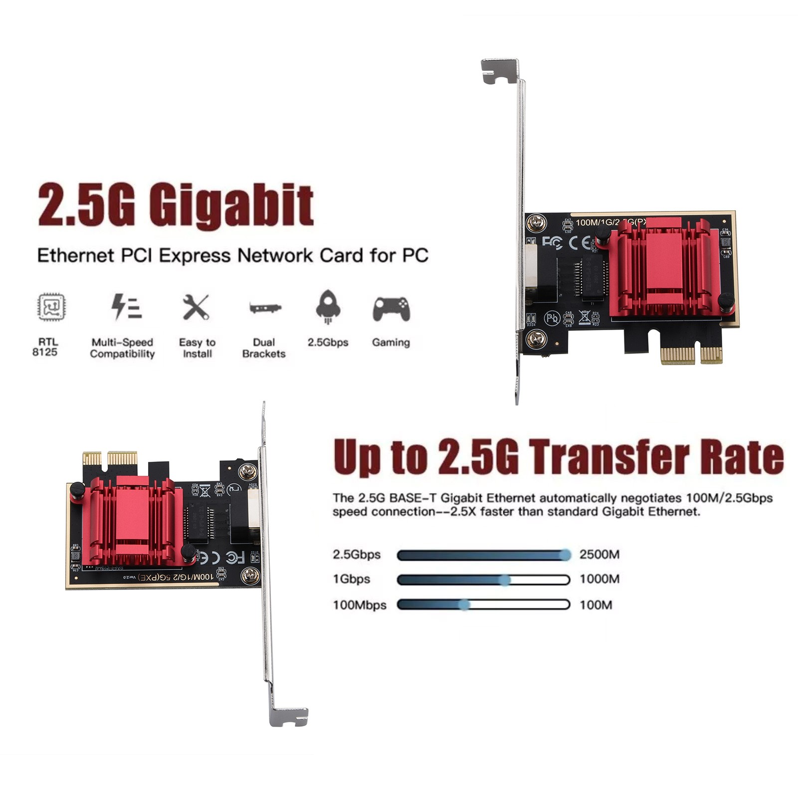 2.5G Gigabit Ethernet Adapter RJ45 RTL8125 PCI-E Gaming Network Card For Windows