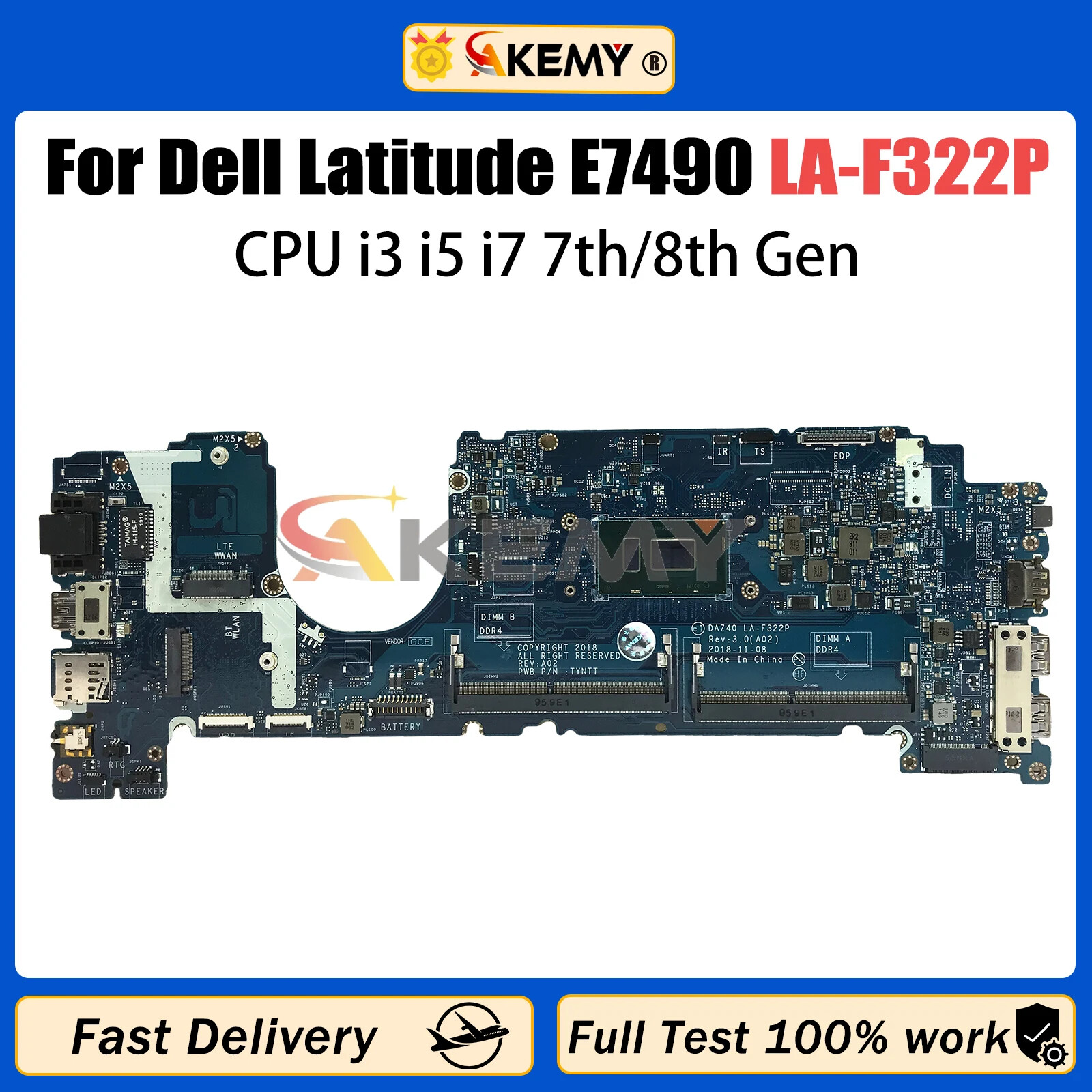 LA-F322P For Dell Latitude 7490 E7490 0R462V 0NFCCJ Motherboard CPU i3 i5 i7