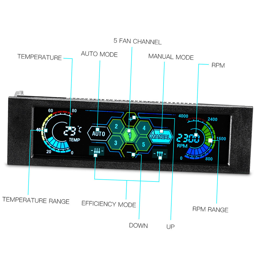 5.25 inch PC Bay LCD Front Panel Temperature Sensor Controller 5 Channel O0W0
