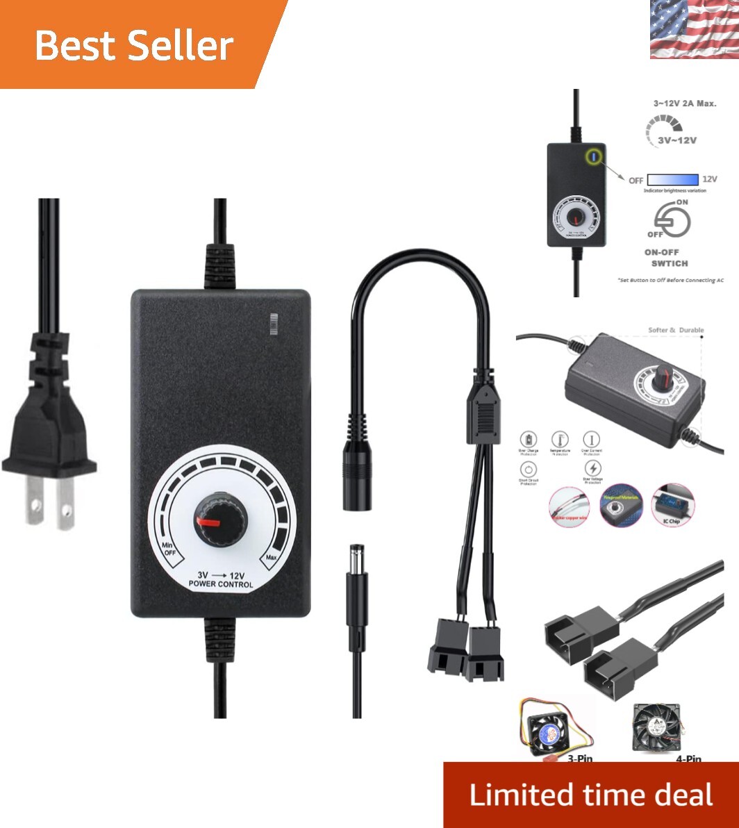 12V Adjustable Fan Power Supply with Speed Controller & Splitter Cable – 24W