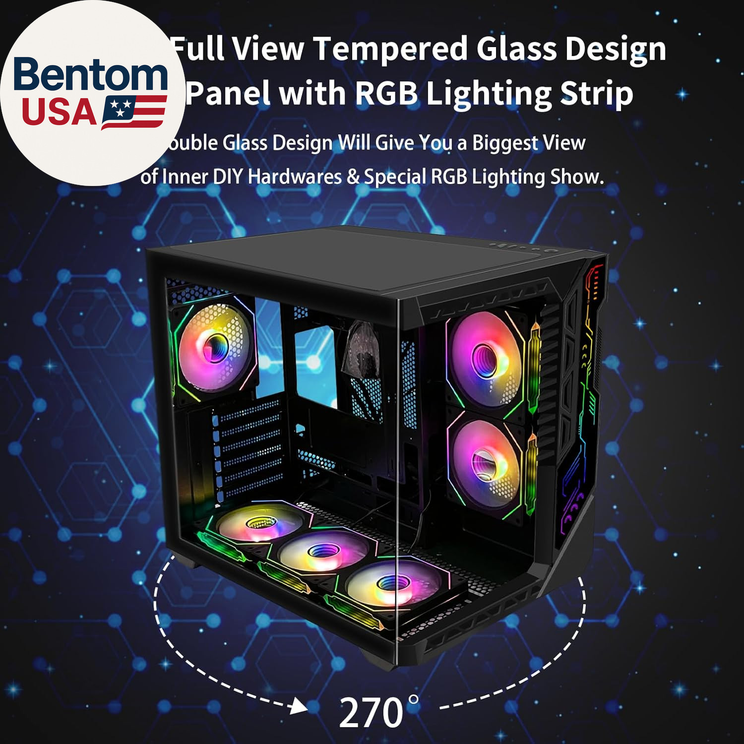 PC Gaming Case with 9Pcs ARGB Fans,Mid-Tower Case Control Remote,Type-C,Atx Case