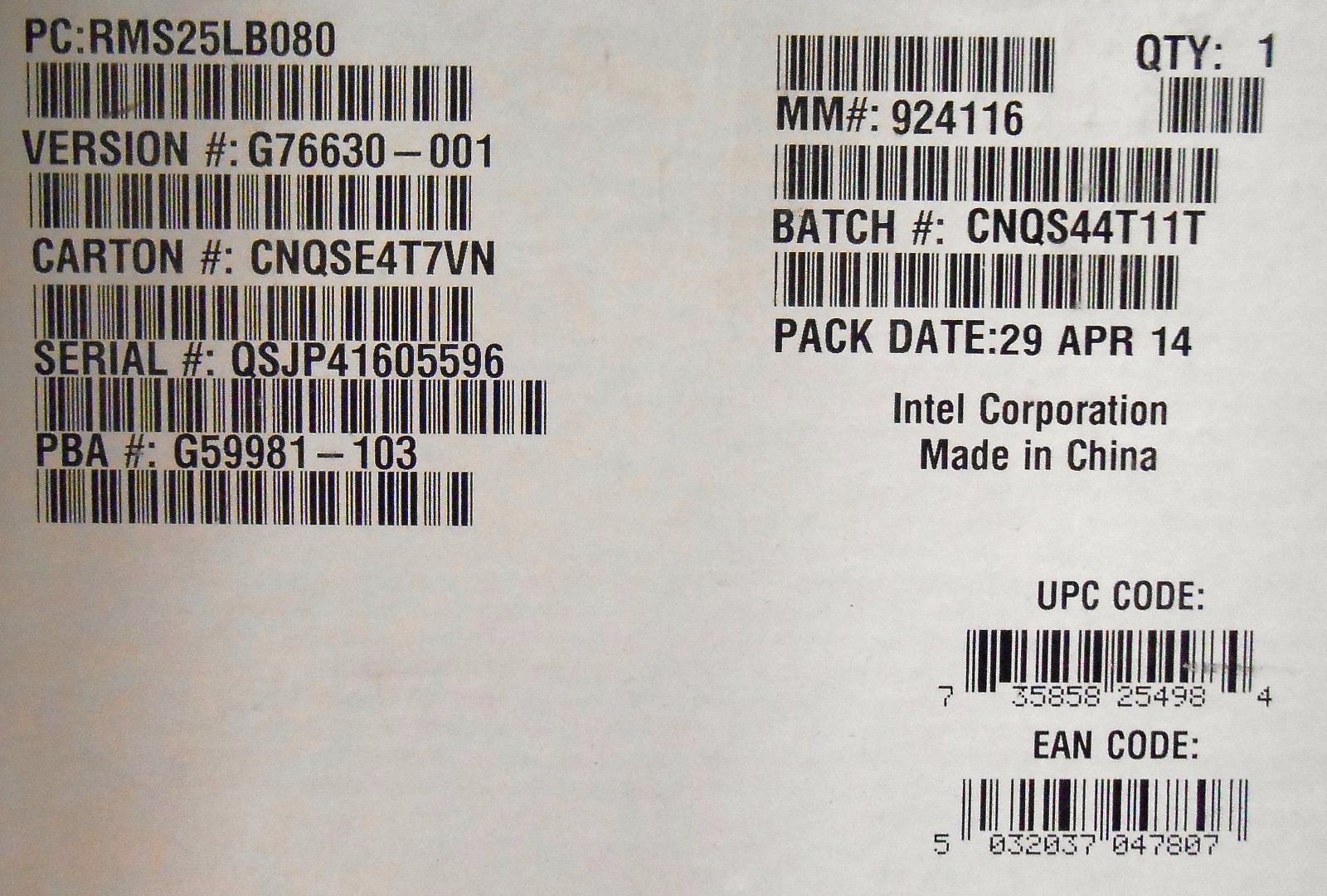 Intel RMS25LB080 6Gb/s SAS Module New Bulk Packaging