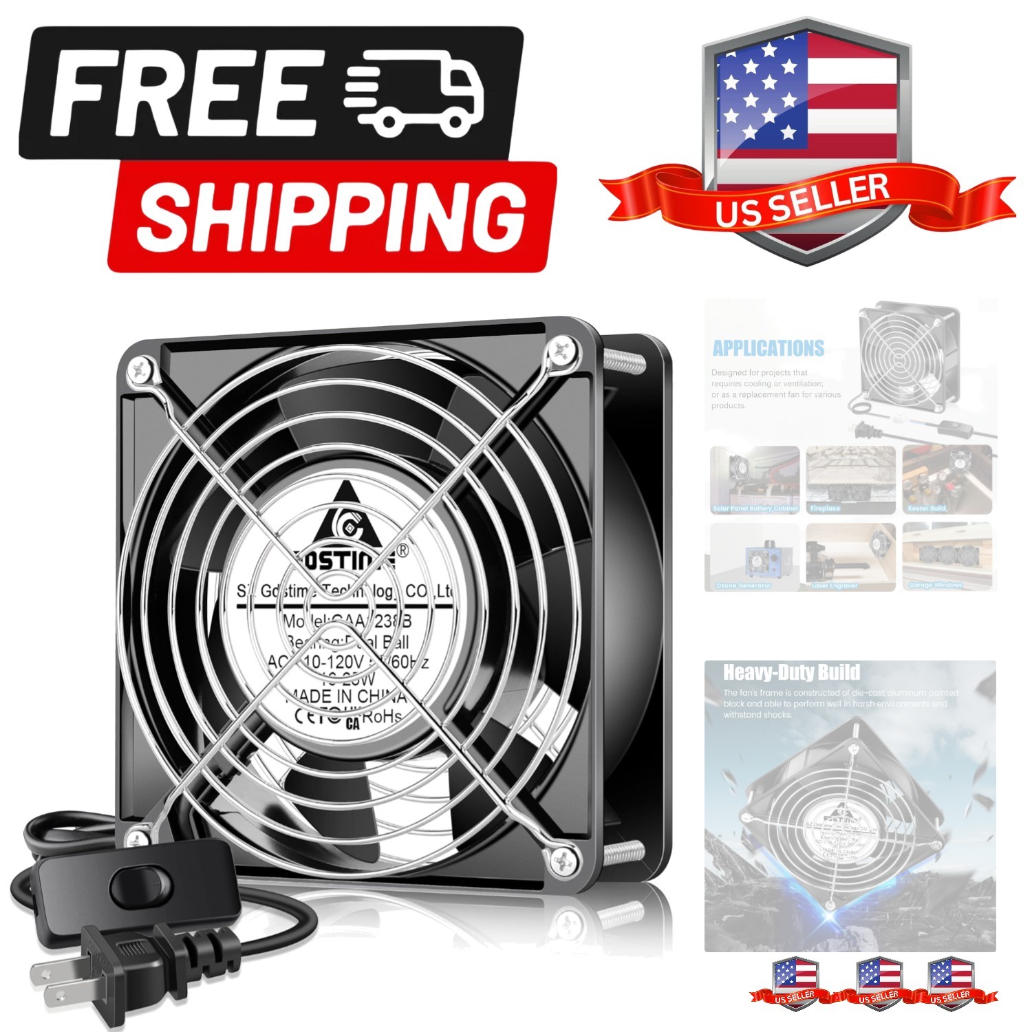 AXIAL Fan 12038, 110V 120V AC 120mm x 38mm Dual Ball Bearing High CFM with Sw…