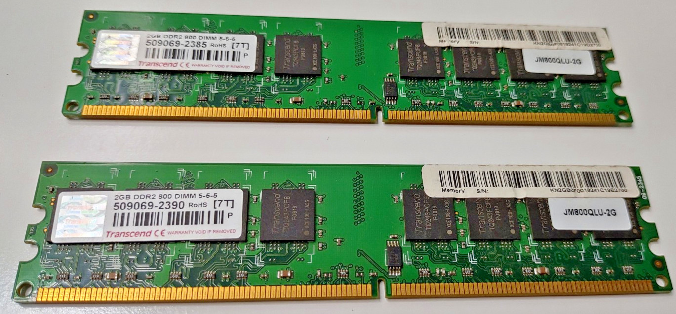 2 Sticks Transcend 2gb DDR2 PC2 800 Dimm Computer Ram Memory Matching Set Pair