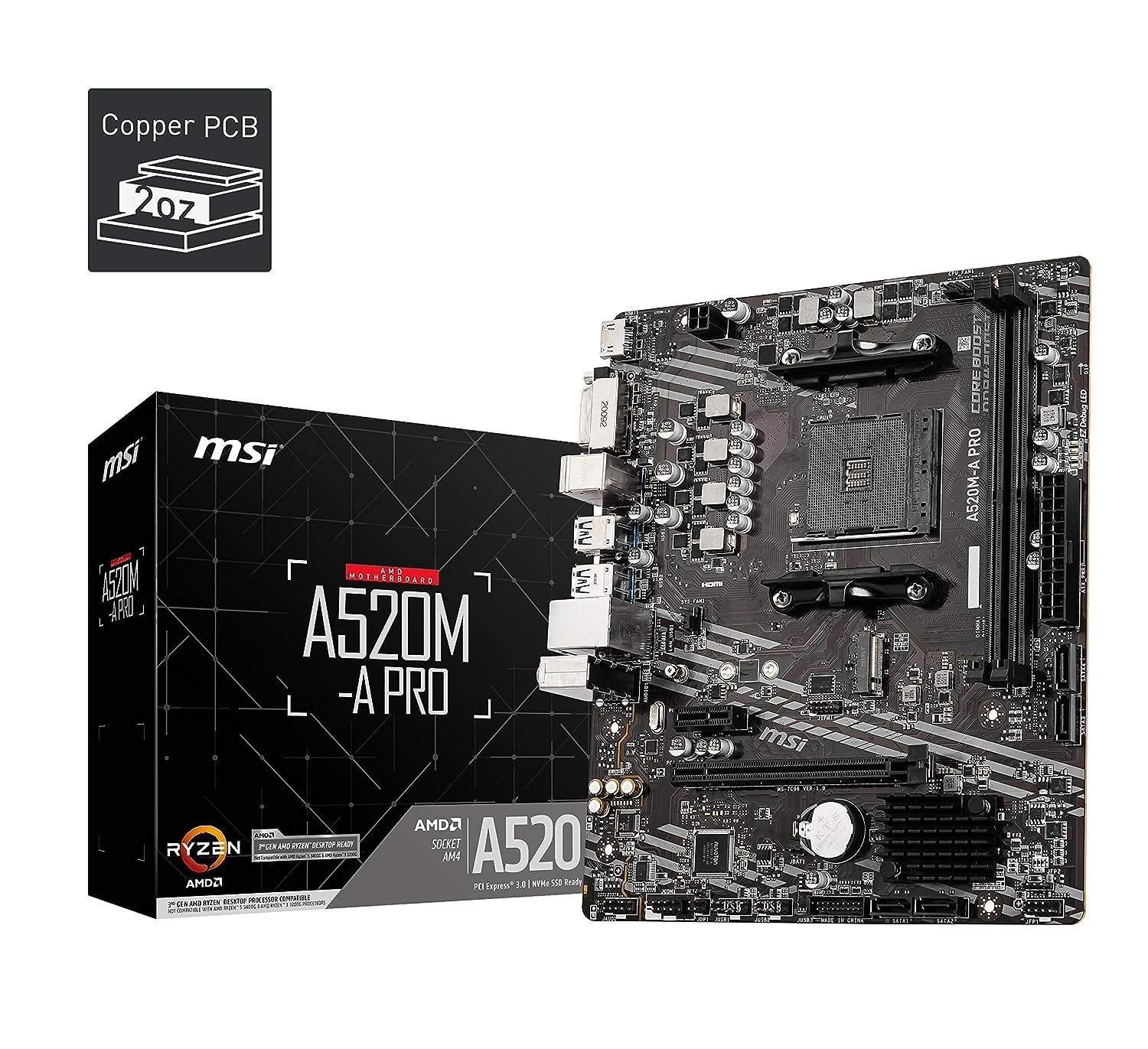 MSI A520M-A PRO Gaming Motherboard (AMD Ryzen 5000, AM4, DDR4, PCIe 3.0,…
