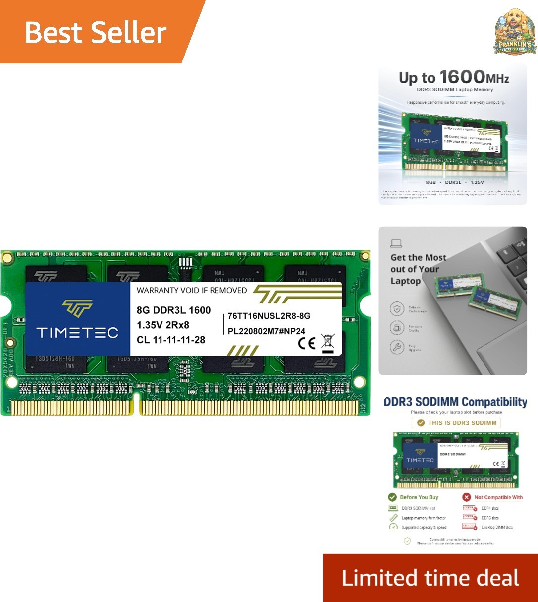 8GB / 1600MHz -1600 PC3L-12800 / PC3-12800PC3L-12800S Non-ECC Unbuffered 1.35…