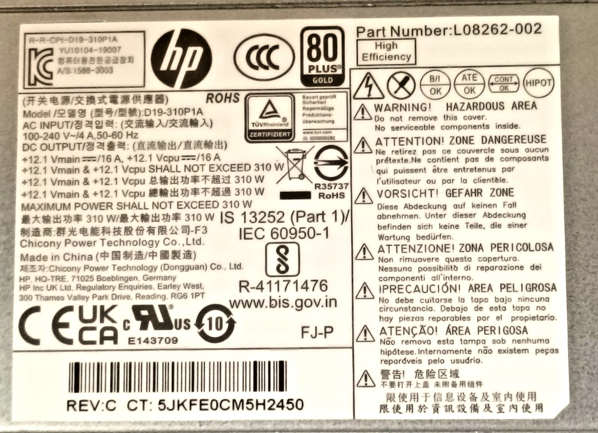 L08262-002 Genuine HP Envy Model: D19-310P1A Desktop Power Supply Unit, PSU