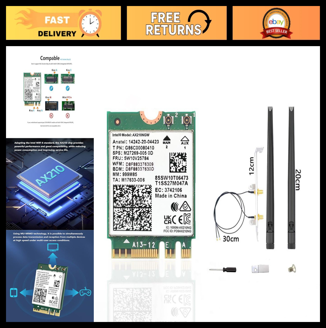 Tri-Band WiFi 6E AX210 Wireless Card, Bluetooth 5.3, M.2 NGFF, Antennas & Cables