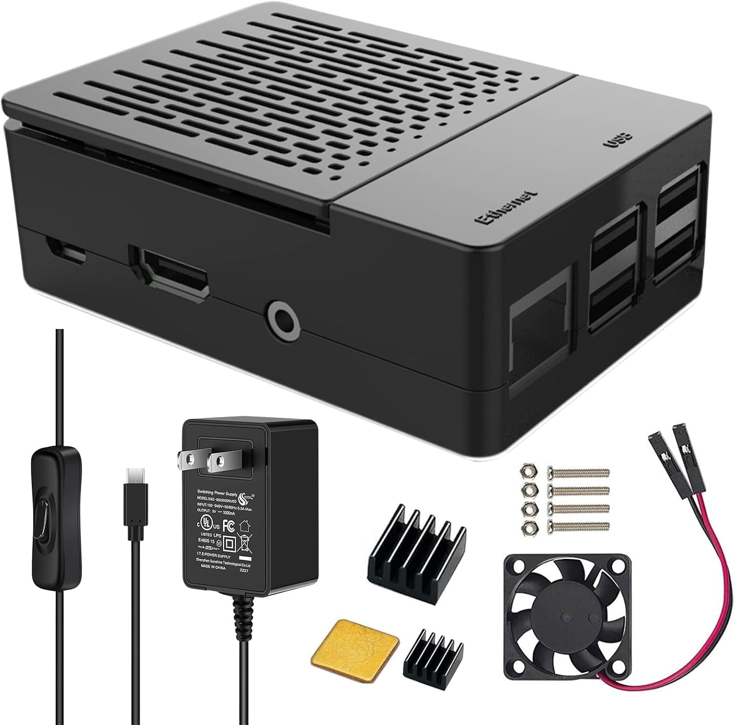 Raspberry Pi 3 Case with Fan & Microusb 5V 3A Power Supply | with Heatsinks, ON/