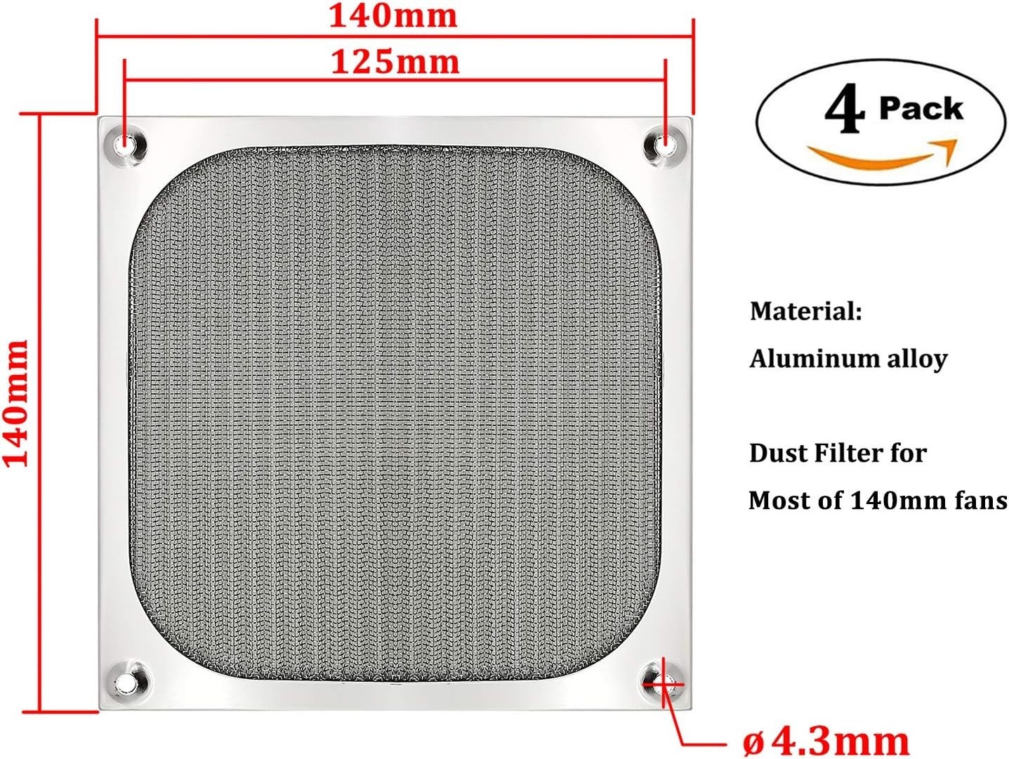 4-Pack 140mm Computer Case Dust Filters – Easy Installation, Silver Aluminum