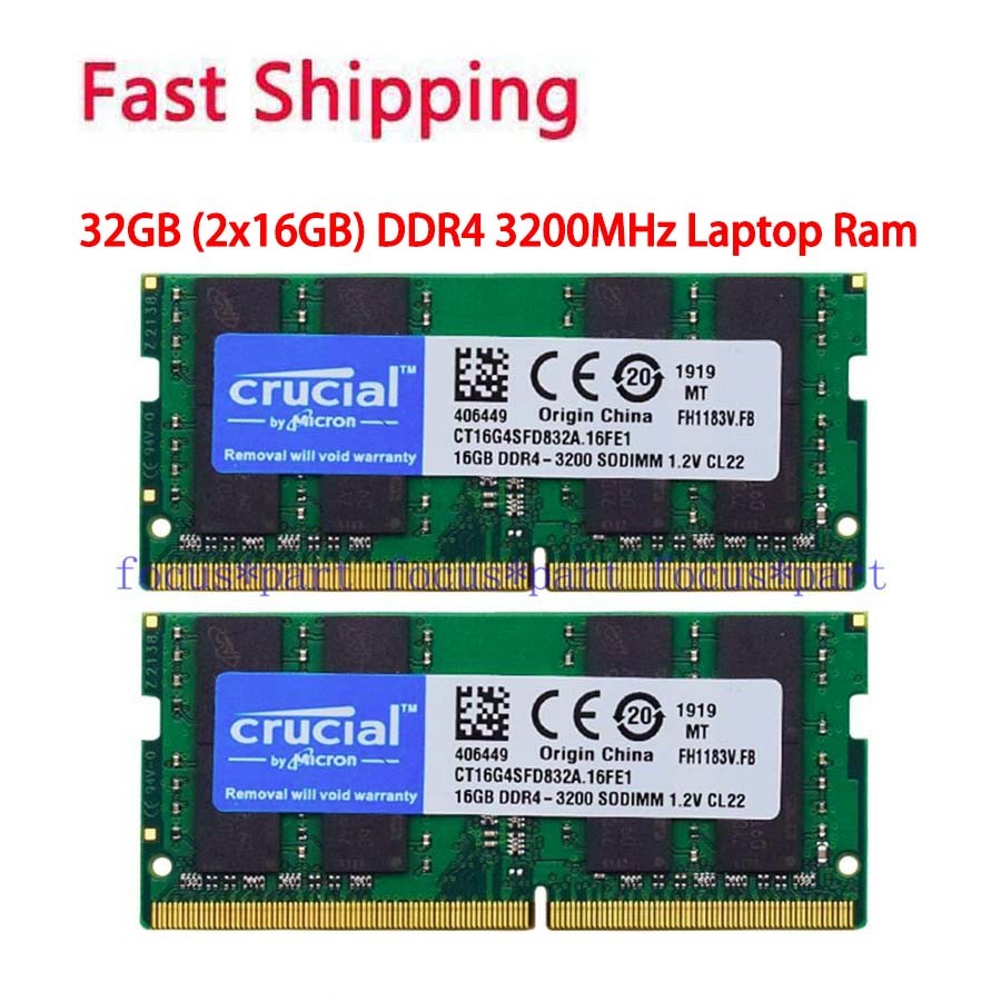 Crucial 32GB (2x16GB) DDR4 3200MHz PC4-25600 Laptop SO-DIMM Memory 260-Pin 1.2V