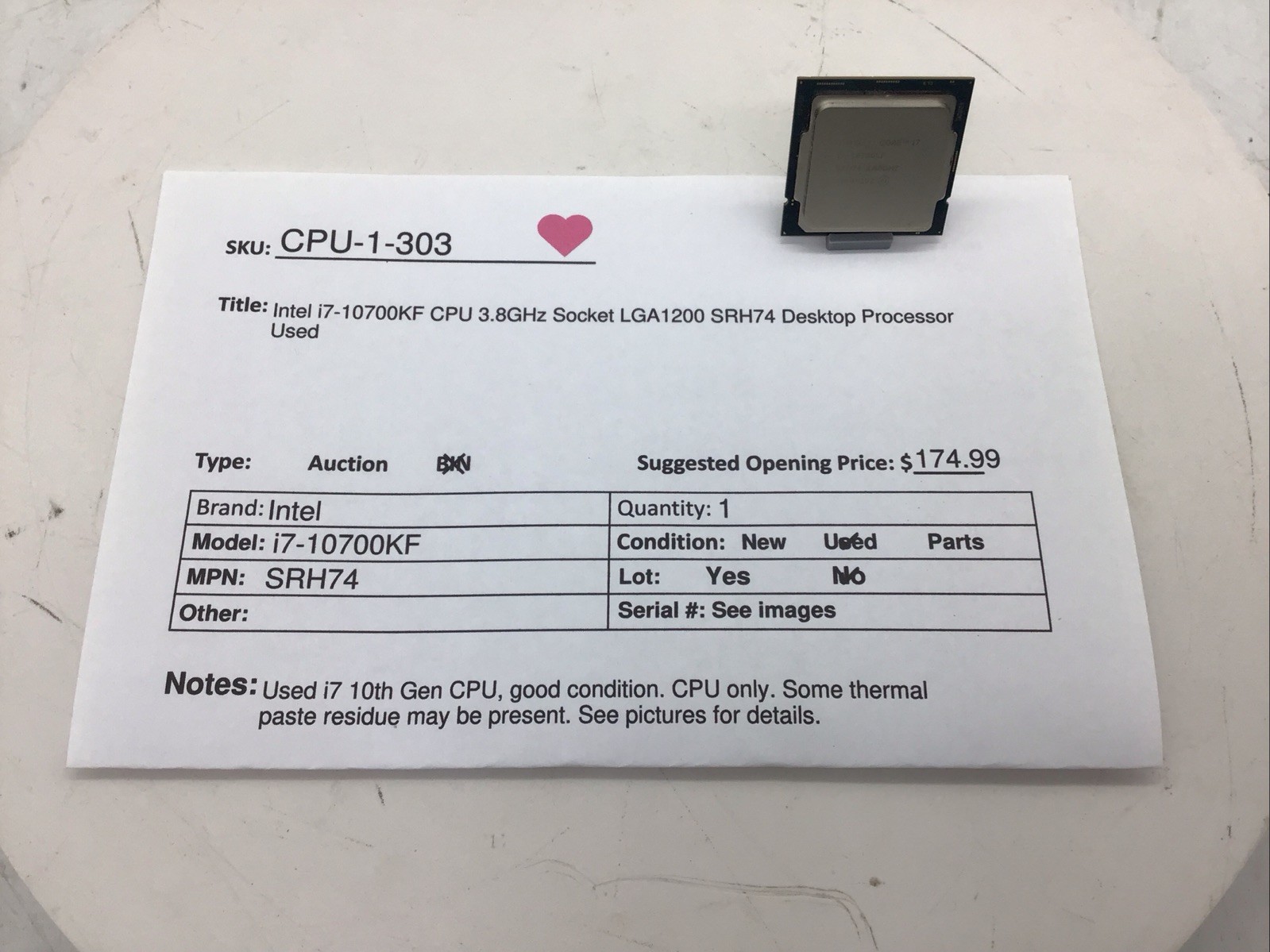 Intel i7-10700KF CPU 3.8GHz Socket LGA1200 SRH74 Desktop Processor Used