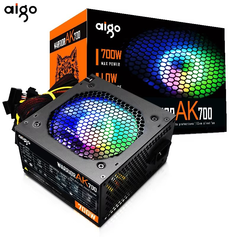 Aigo AK 700W PC PSU Power Supply Unit Black Gaming Quiet 120mm RGB Fan 24pin 12V