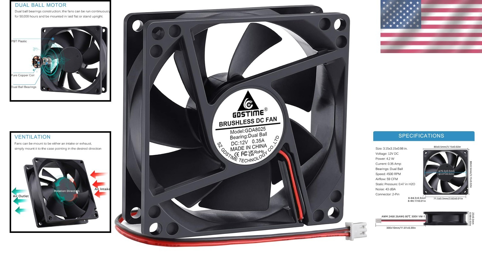 Ultra-Quiet 2-Pin 80mm Brushless Cooling Fan – 4500RPM & 39dBA Noise Level