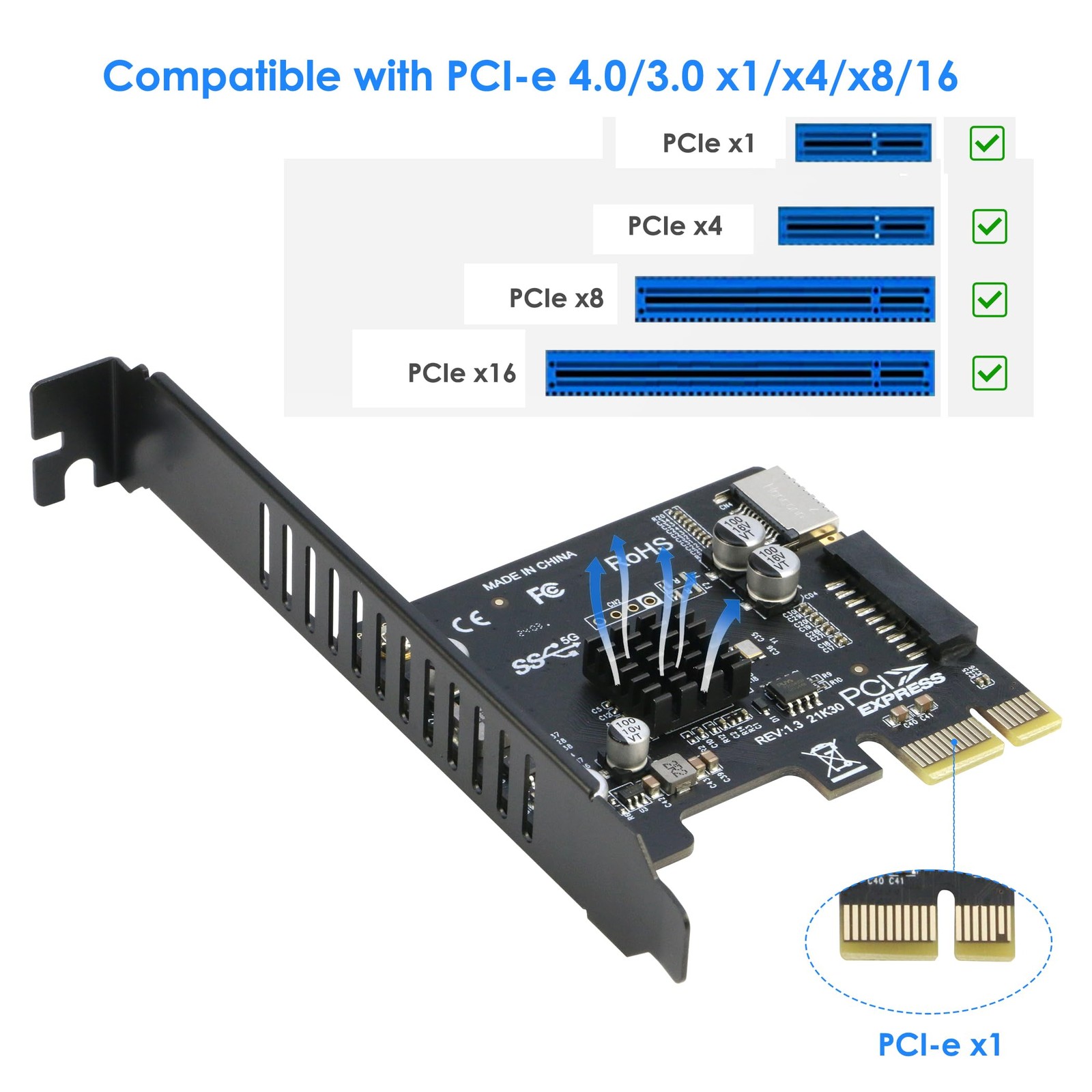 PCIe to 20Pin + Type-E Internal Card, PCI-e x1 to (19+1) Pin USB 3.0 Socket a…