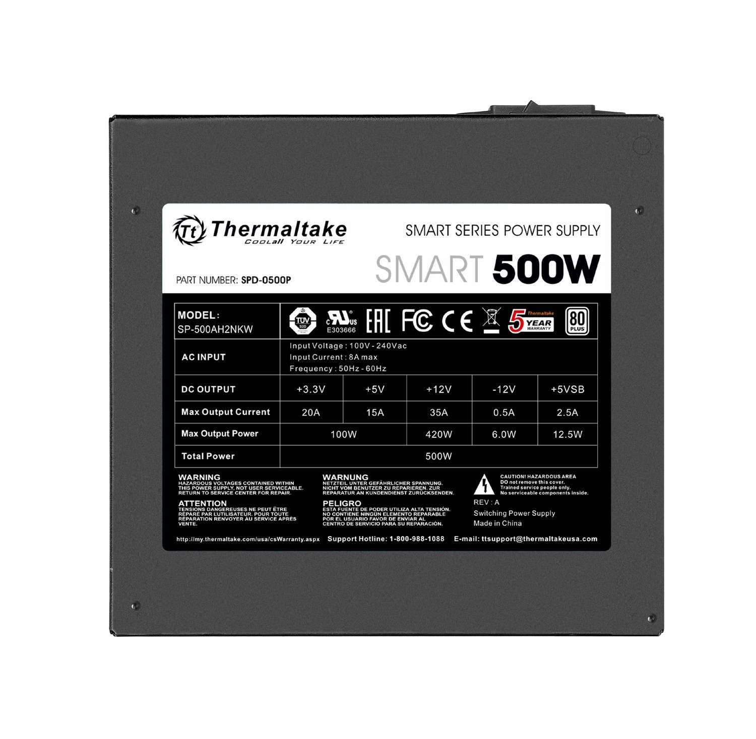 Thermaltake Smart 500W 80+ White Certified PSU, Continuous Power with