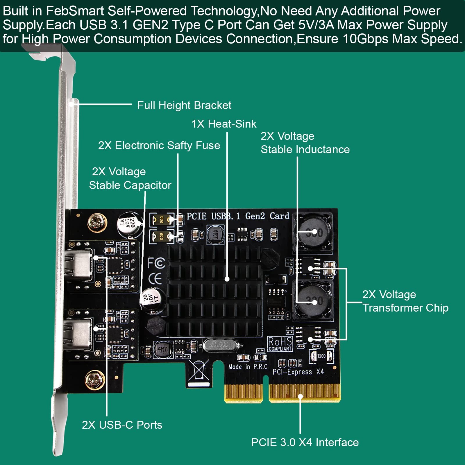 2x 10gbps Max Speed Usb-c Ports Pcie Usb 3.1 Gen 2 Expansion Card for Windows, M