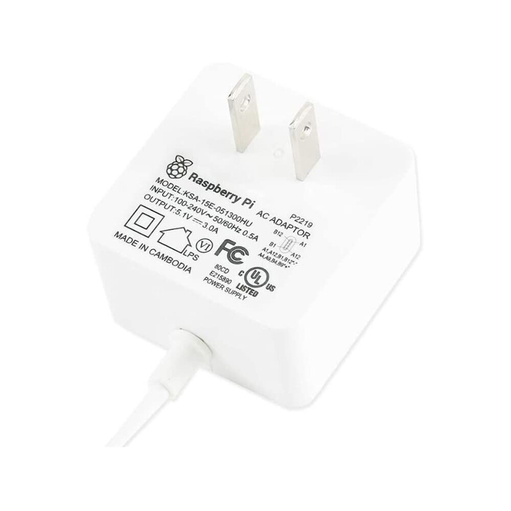 Raspberry Pi 4 Model B Official PSU, USB-C, 5.1V, 3A, US Plug, White