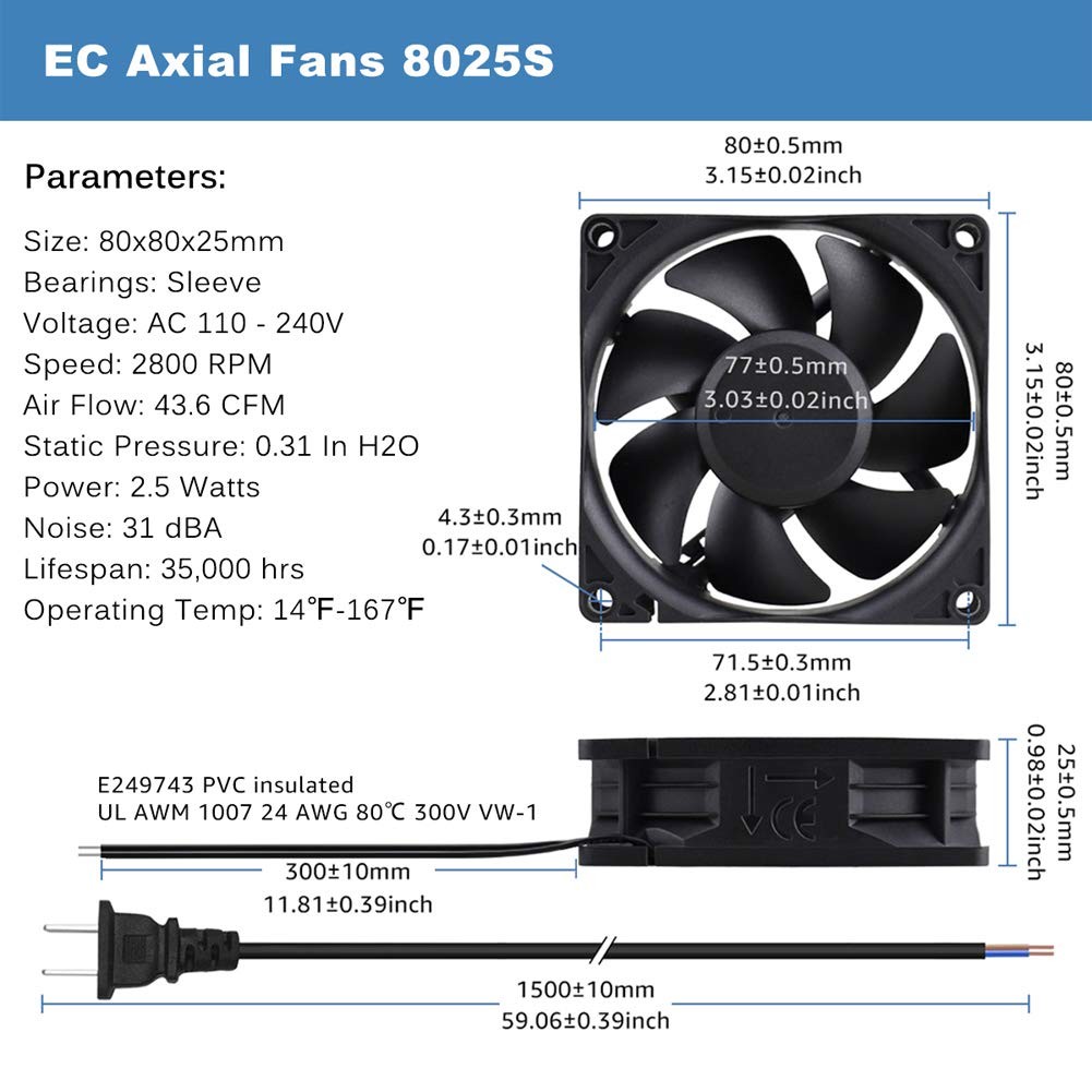 80mm EC Axial Fan AC 110V 120V 220V Brushless Cooling 80mm x 25mm
