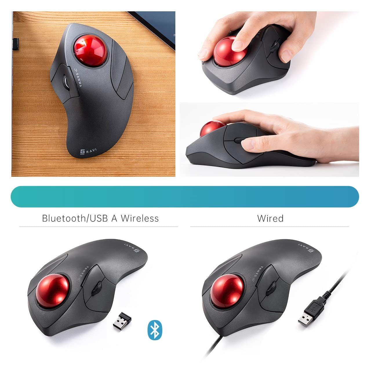 SANWA Wired Ergonomic Trackball Mouse, Optical Rollerball Mice,