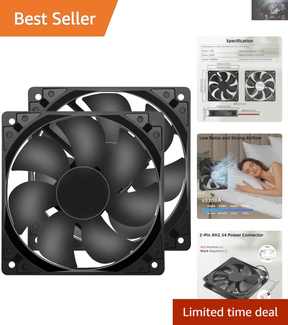 Compact & Powerful 1600RPM 120mm Cooling Fans – Versatile 2-Pack for Electronics