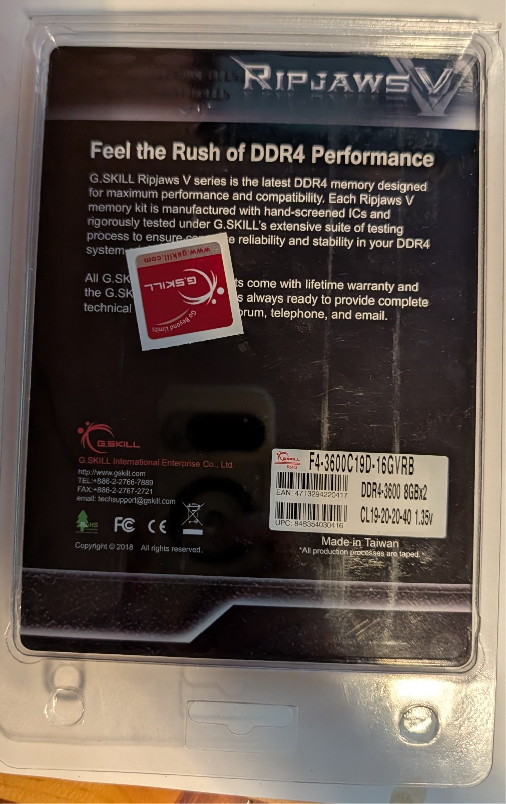 G.Skill RipJaws V 16GB (2x8GB) RAM DDR4 3600MHz F4-3600C19D-16GVR