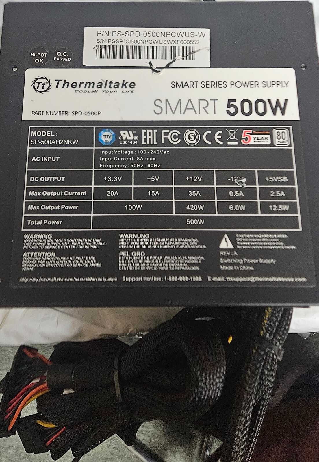 Thermaltake SP-500AH2NKW Smart Series 500 W Power Supply; SPD-0500P