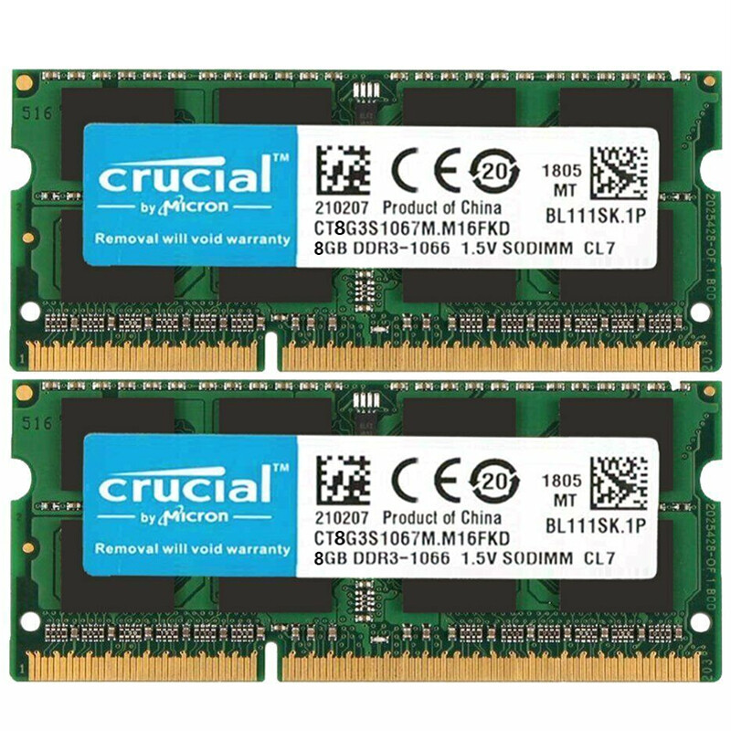 CRUCIAL DDR3 8GB 16GB 1066 MHz PC3-8500 Laptop SODIMM 204-Pin Memory RAM 2pcs 8G