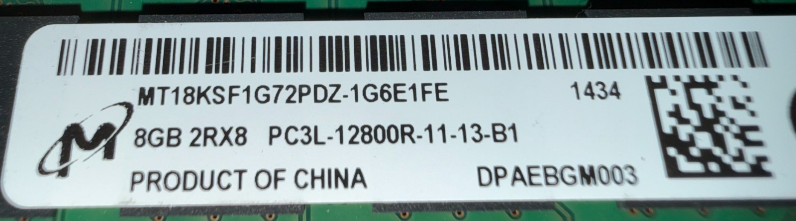 Lot of 2 Micron 8GB 2Rx8 PC3L-12800R DDR3 Registered ECC Server RAM