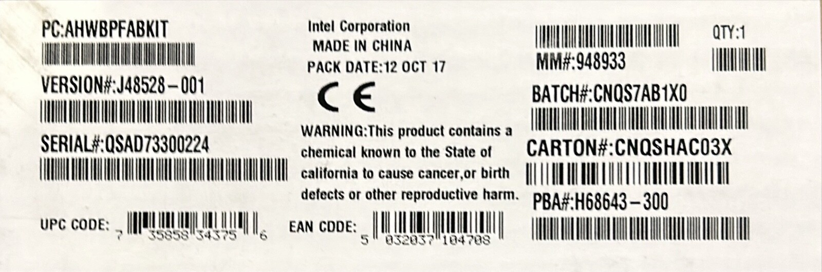 Intel AHWBPFABKIT 1U Fabric Upgrade Kit with Cable NEW BROWN BOX